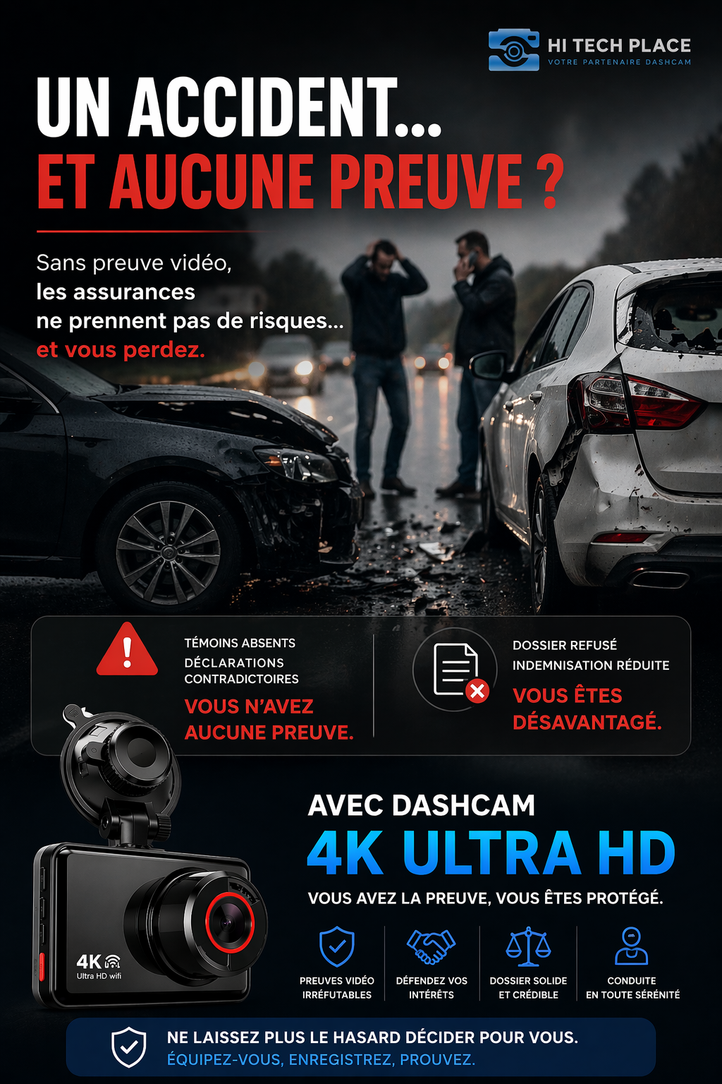 Dashcam 4K, caméra avant et arrière, enregistreur vidéo de voiture avec Wi-Fi, caméra de recul et fonction de surveillance de stationnement.