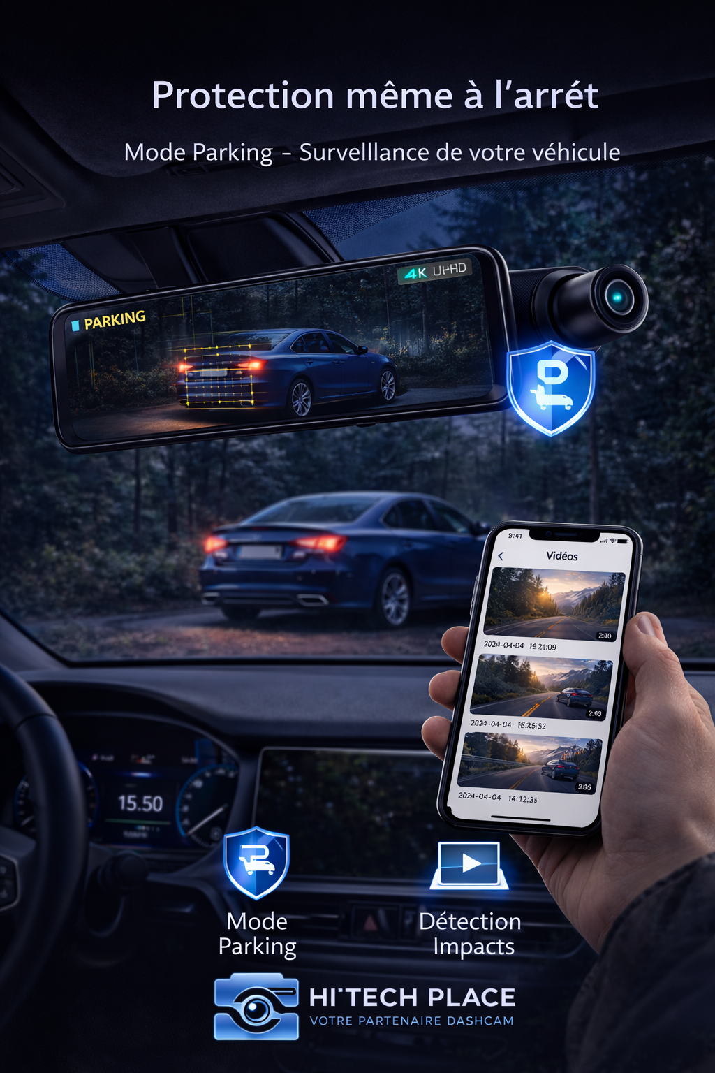 Dashcam 4K Wi-Fi 12 pouces avec enregistreur DVR intégré au rétroviseur, compatible 1080p avec les accessoires pour caméra de recul.
