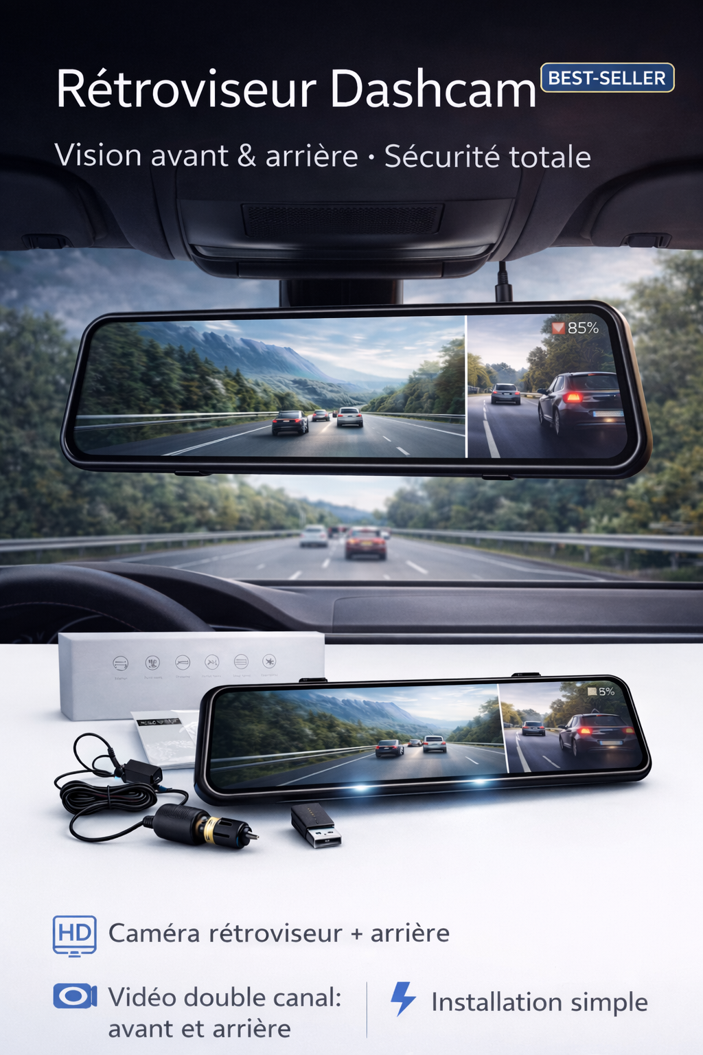 Dashcam rétroviseur tactile HD double caméra 1080p 10" – Vision complète, installation facile, sécurité maximale
