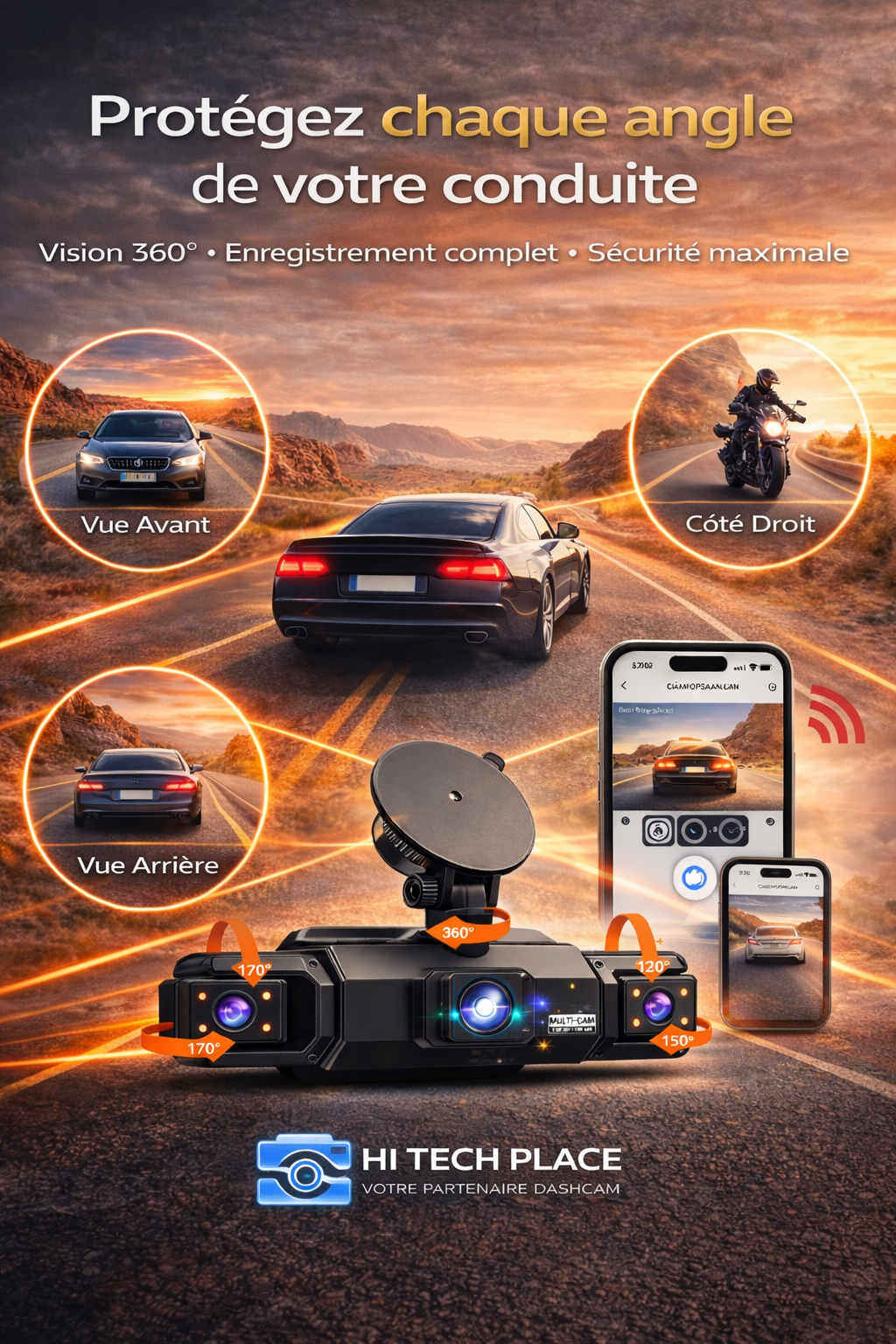 Dashcam 4 canaux avec Wi-Fi, vision nocturne FHD 1080p et enregistrement en boucle. Kit de câblage inclus.