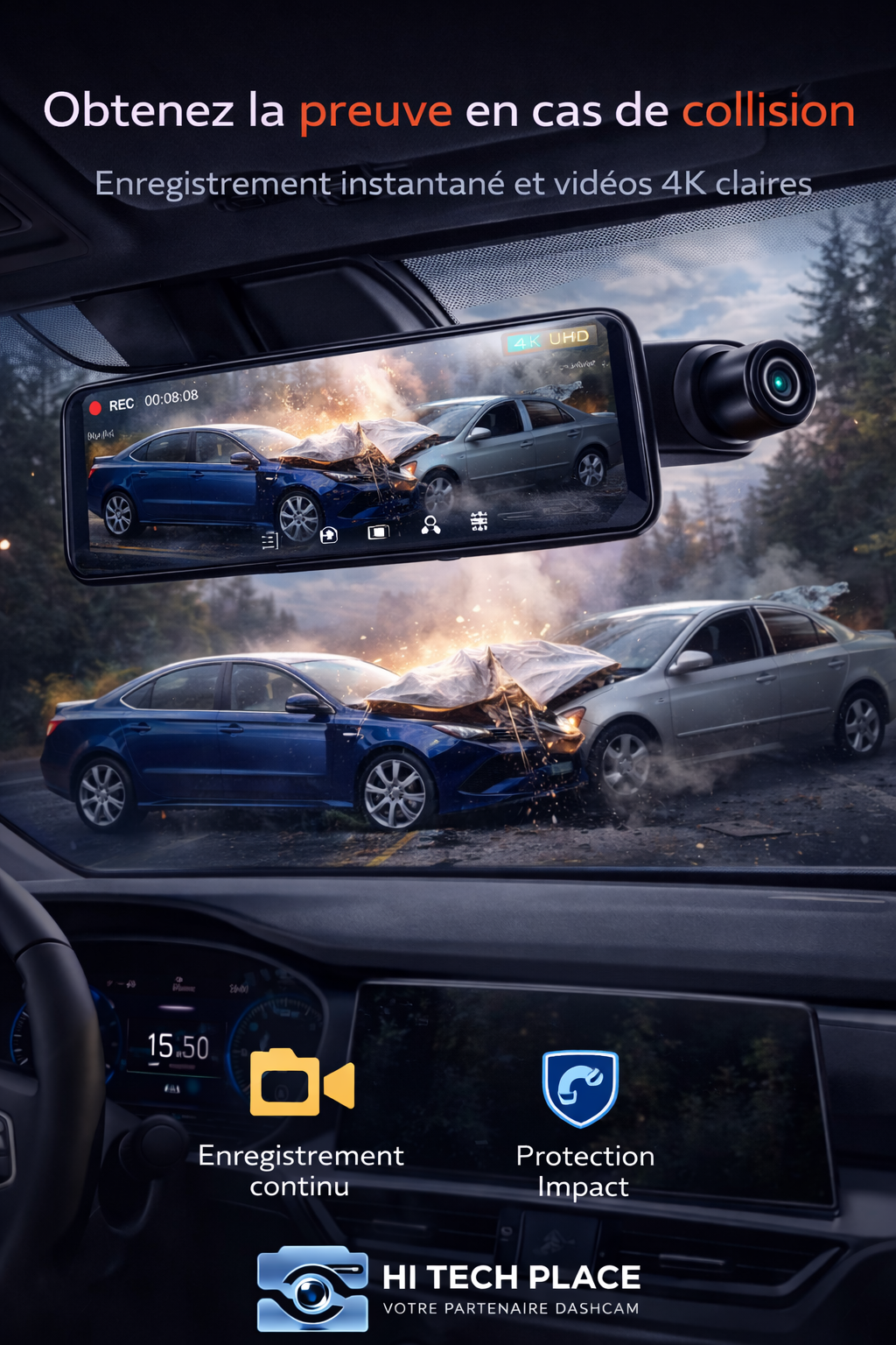Dashcam 4K Wi-Fi 12 pouces avec enregistreur DVR intégré au rétroviseur, compatible 1080p avec les accessoires pour caméra de recul.