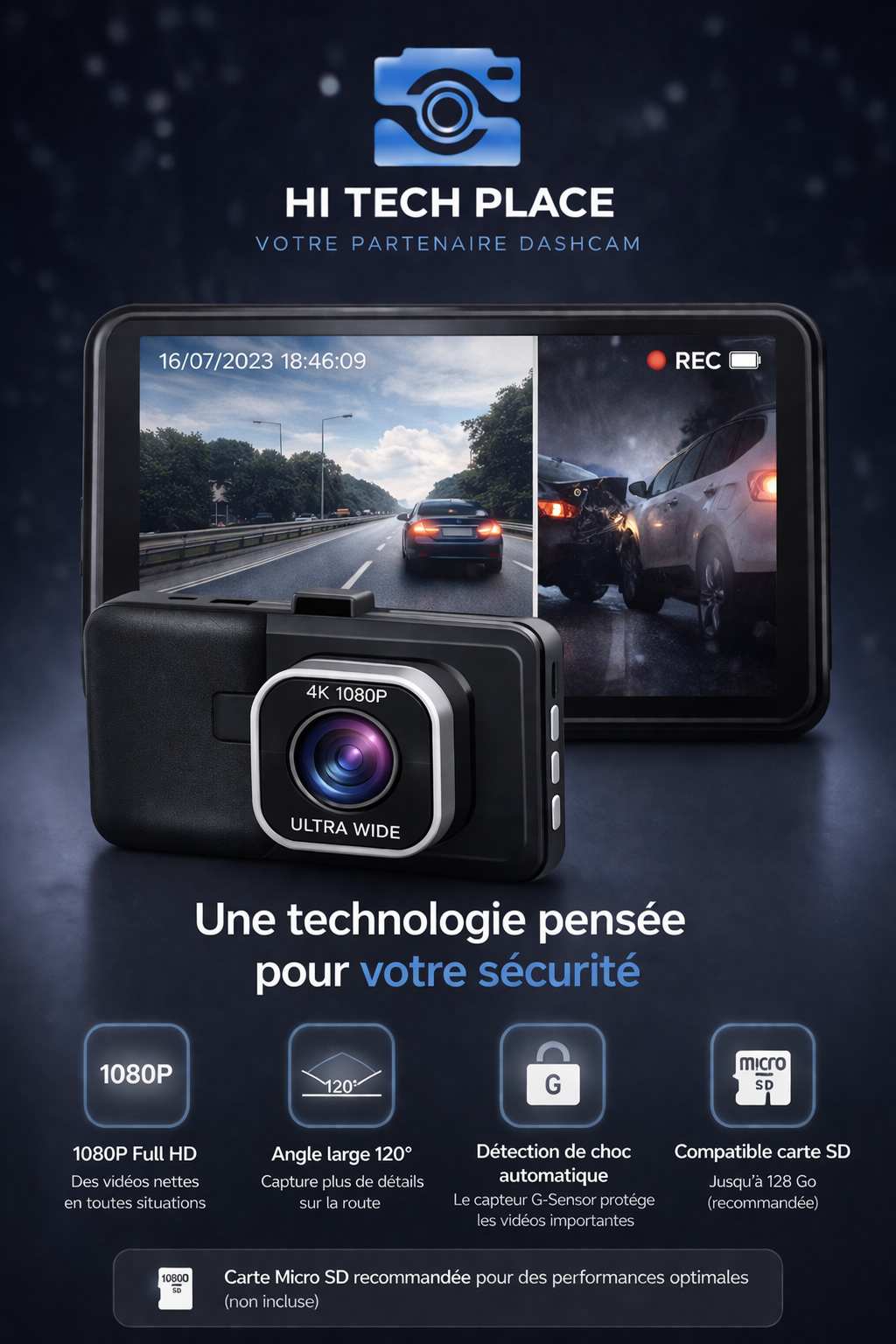 Dashcam 1080p avec capteur G, enregistreur vidéo pour véhicule, vision nocturne améliorée, enregistrement en boucle. Caméra arrière et carte 32Go inclus.