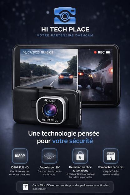Dashcam 1080p avec capteur G, enregistreur vidéo pour véhicule, vision nocturne améliorée, enregistrement en boucle. Caméra arrière et carte 32Go inclus.