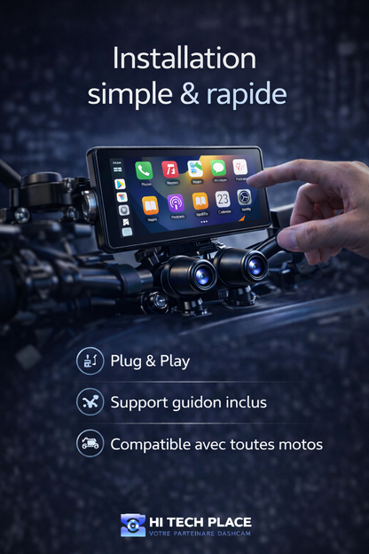 Dashcam GPS DVR moto 6,86 pouces avec compatibilité CarPlay et Android Auto, étanche IP67, caméra avant et arrière, Bluetooth