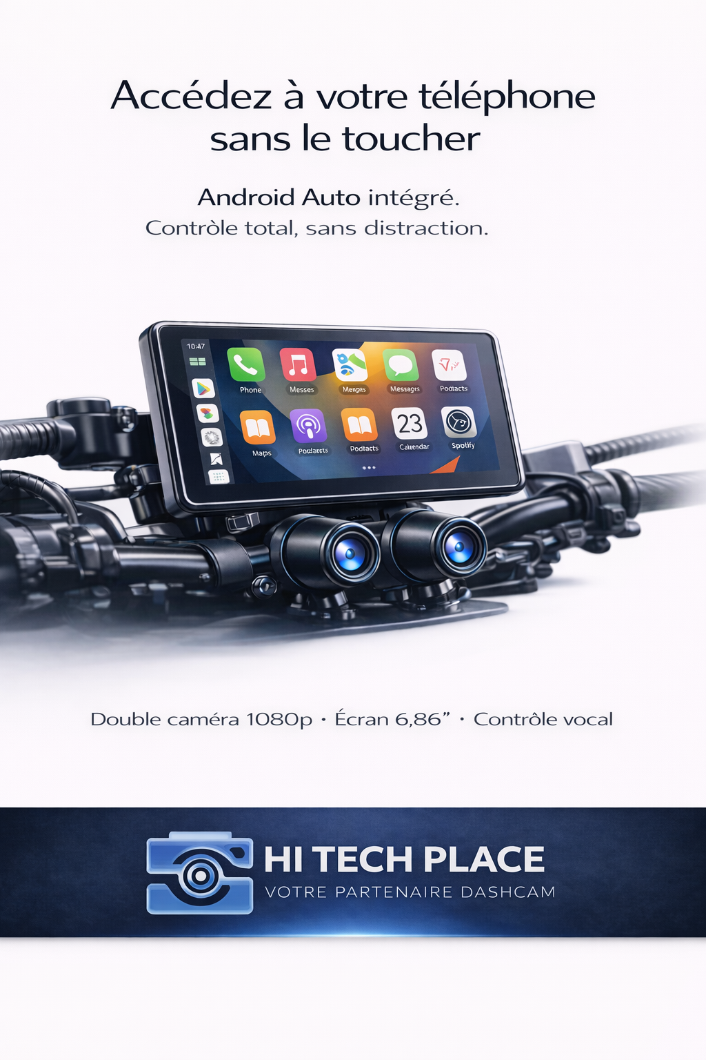 Dashcam GPS DVR moto 6,86 pouces avec compatibilité CarPlay et Android Auto, étanche IP67, caméra avant et arrière, Bluetooth