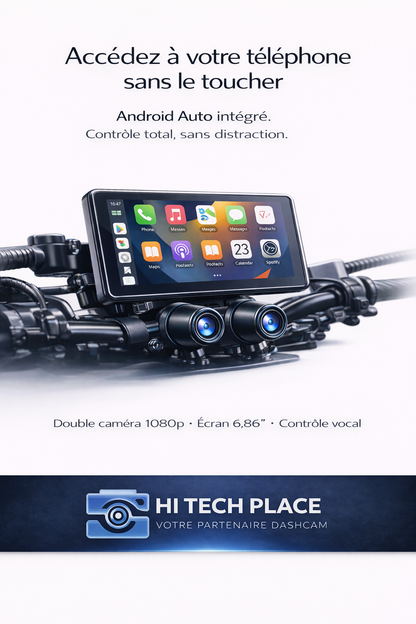 Dashcam GPS DVR moto 6,86 pouces avec compatibilité CarPlay et Android Auto, étanche IP67, caméra avant et arrière, Bluetooth