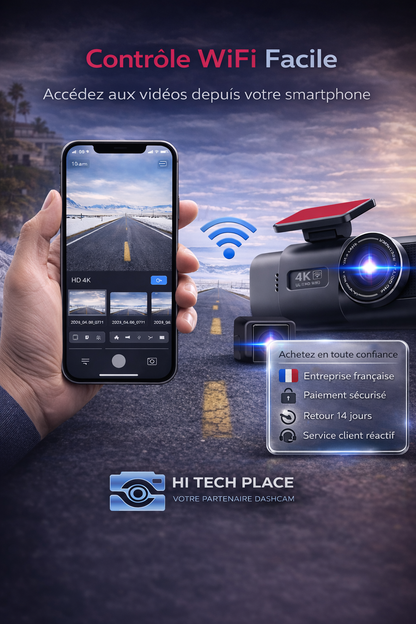 Dashcam 4K UHD avec enregistrement vidéo DVR, vision nocturne, Wi-Fi intégré, GPS et surveillance 24h/24. Carte 128Go.