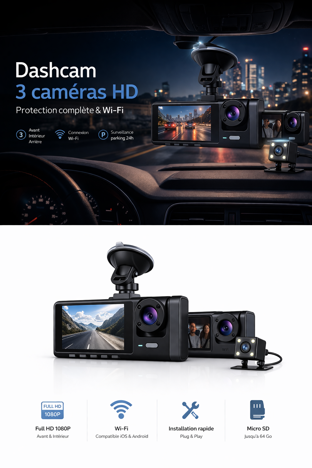 Dashcam 3 canaux pour voiture, enregistreur vidéo 1080p, application Wi-Fi, caméra avant et arrière avec vision nocturne.