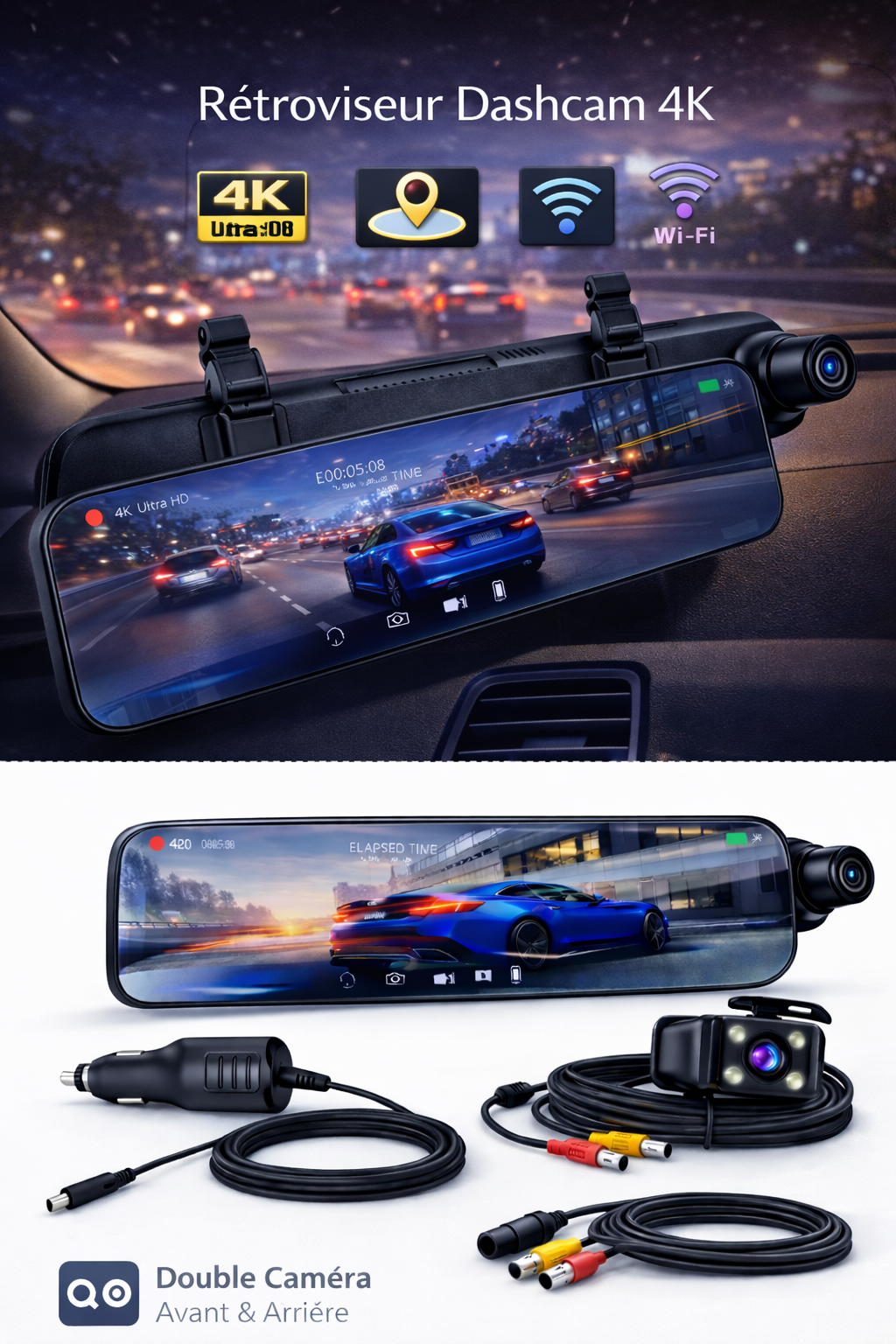 Dashcam 4K Wi-Fi 12 pouces avec enregistreur DVR intégré au rétroviseur, compatible 1080p avec les accessoires pour caméra de recul.