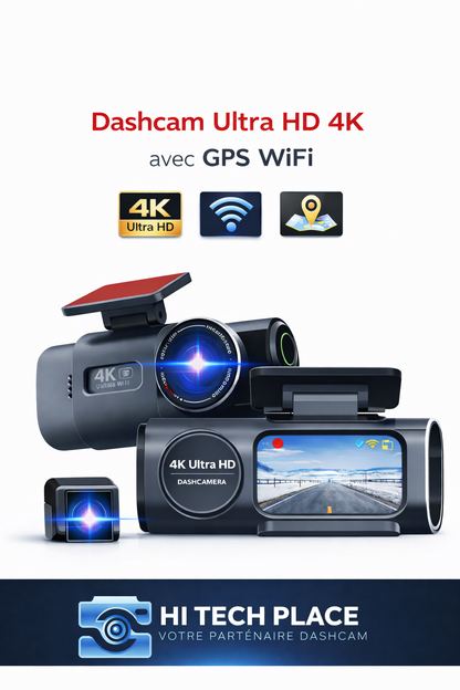 Dashcam 4K UHD avec enregistrement vidéo DVR, vision nocturne, Wi-Fi intégré, GPS et surveillance 24h/24. Carte 128Go.