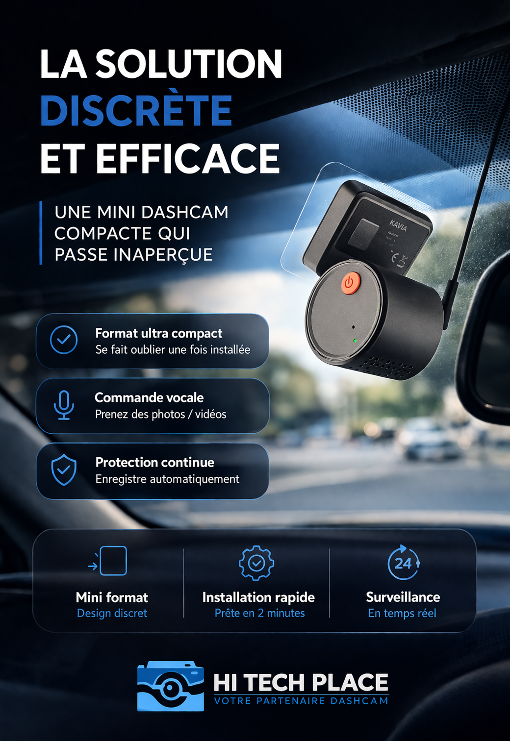 Dashcam 2K, DVR Mini avec enregistreur vidéo, commande vocale d'urgence, vision nocturne, Wi-Fi et application de surveillance.