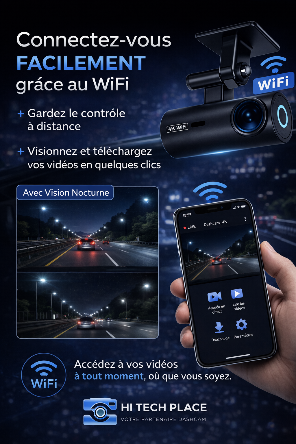 Dashcam DVR 4K 3840*2160P, enregistreur vidéo de conduite, caméra avant, Wi-Fi, vision nocturne 24h/24 et 7j/7.