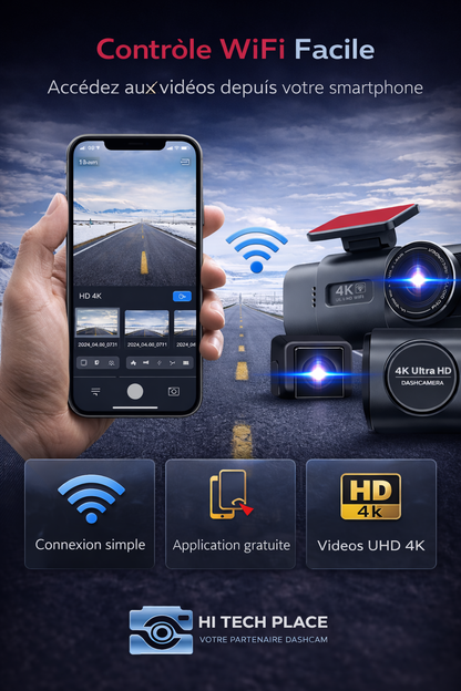 Dashcam 4K UHD avec enregistrement vidéo DVR, vision nocturne, Wi-Fi intégré, GPS et surveillance 24h/24. Carte 128Go.