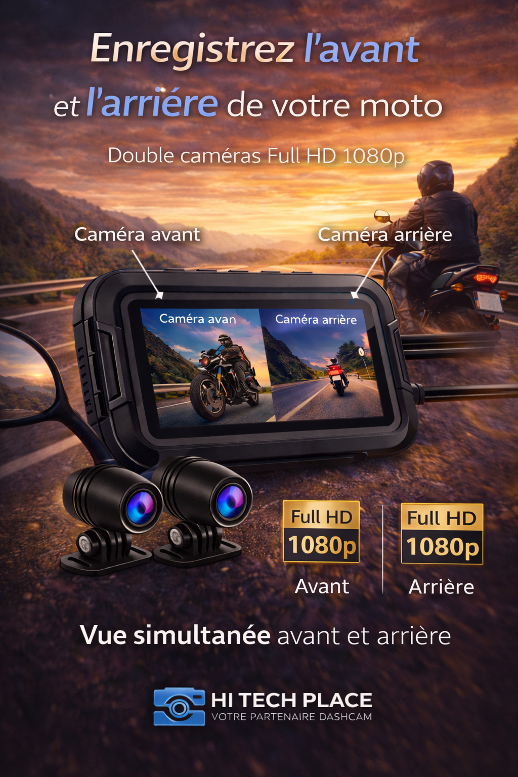 Dashcam DVR 1080p pour moto, étanche, avec Wi-Fi et GPS, enregistreur vidéo avant et arrière.