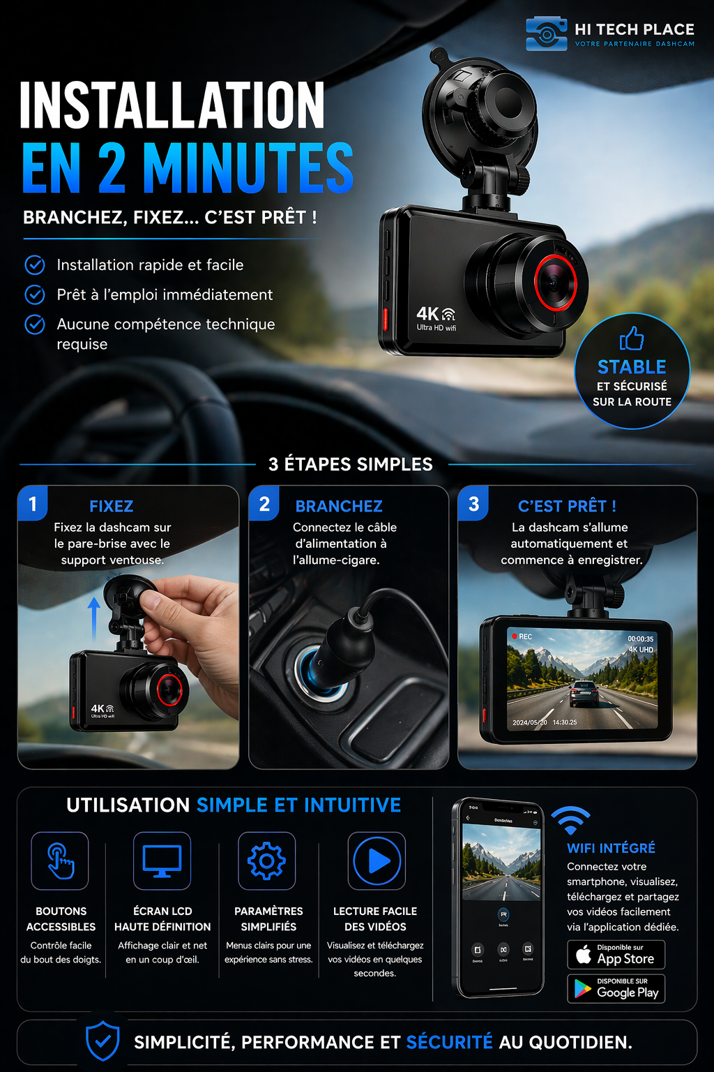 Dashcam 4K, caméra avant et arrière, enregistreur vidéo de voiture avec Wi-Fi, caméra de recul et fonction de surveillance de stationnement.