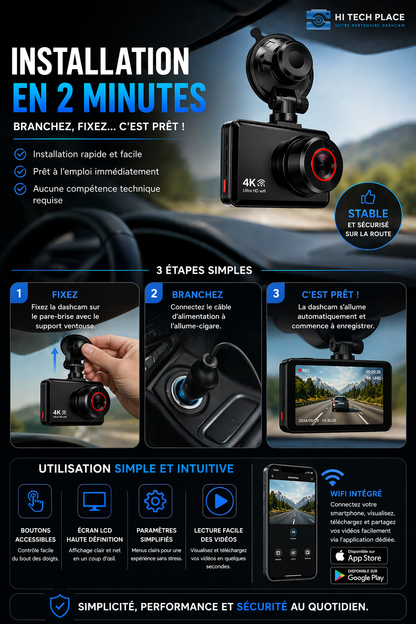 Dashcam 4K, caméra avant et arrière, enregistreur vidéo de voiture avec Wi-Fi, caméra de recul et fonction de surveillance de stationnement.